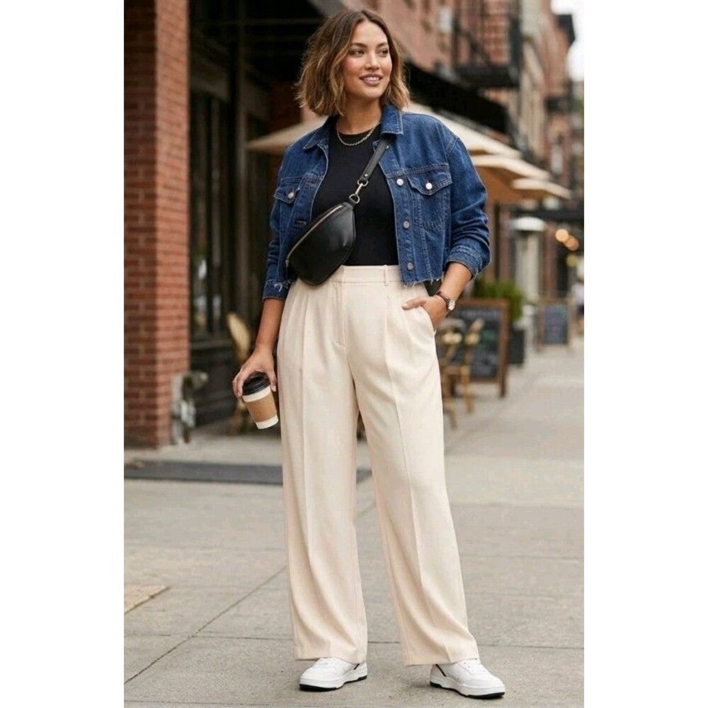 Worthington Wide Leg High Rise Pleated Trousers Pants Ivory Dawn Cream NWT Sz 12